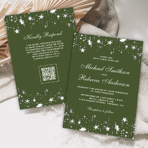 Invitation Étoiles Argent Confettis Vert Olive Code QR Mariag