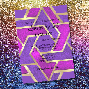 Invitation Étoiles bat mitzvah en calque de David violet rose
