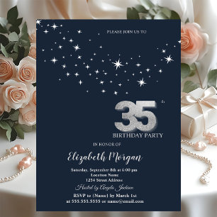 Invitation Étoiles Blanches Simples Fête d'Anniversaire Bleue