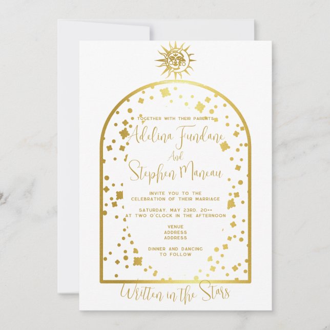 Invitation Étoiles céleste blanche et or Lune et Mariage sole (Devant)