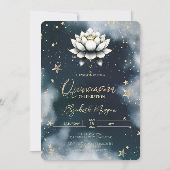 Invitation Étoiles célestes Blanc Lotus Sky Quinceanera (Devant)