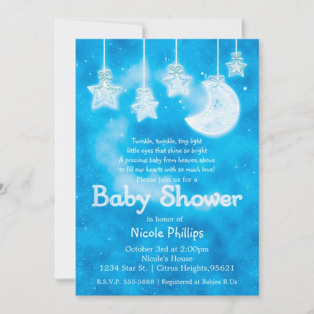 Invitation Étoiles célestes brillantes Lune Ciel bleu Baby sh (Devant)