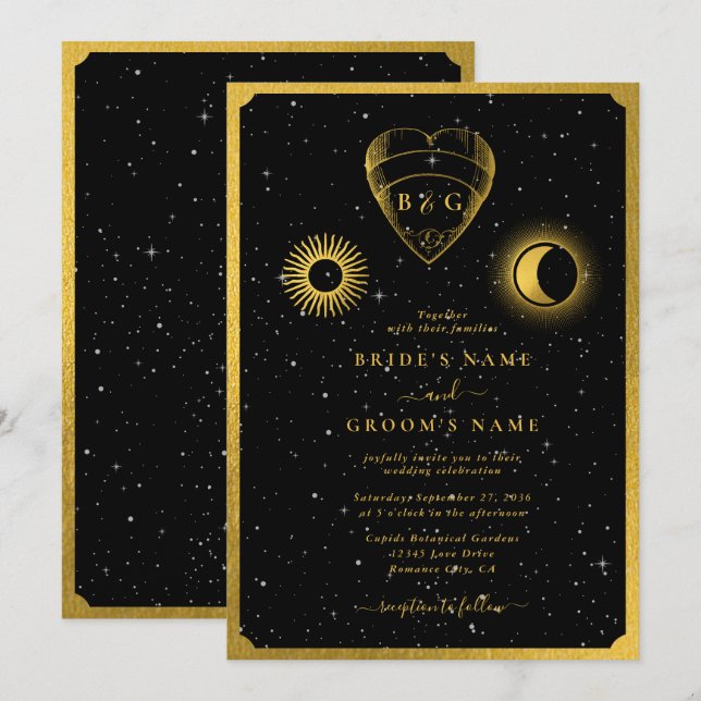 Invitation Étoiles célestes Crescent Lune Mariage d'or noir (Devant / Derrière)