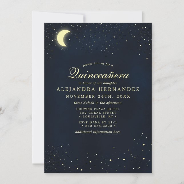 Invitation Étoiles célestes de lune Minuit Bleu Quinceañera (Devant)