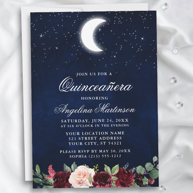 Invitation Étoiles célestes de lune Quinceanera florale (Customize to add text or a photo to back of card.)