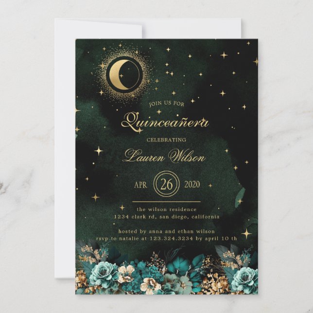 Invitation Étoiles célestes florales vertes en or Quinceanera (Devant)
