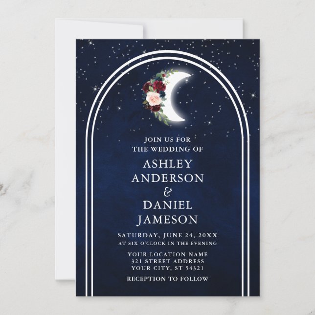 Invitation Étoiles célestes Lune Arc Mariage floral (Devant)