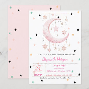 Invitation Étoiles colorées Baby shower Lune rose