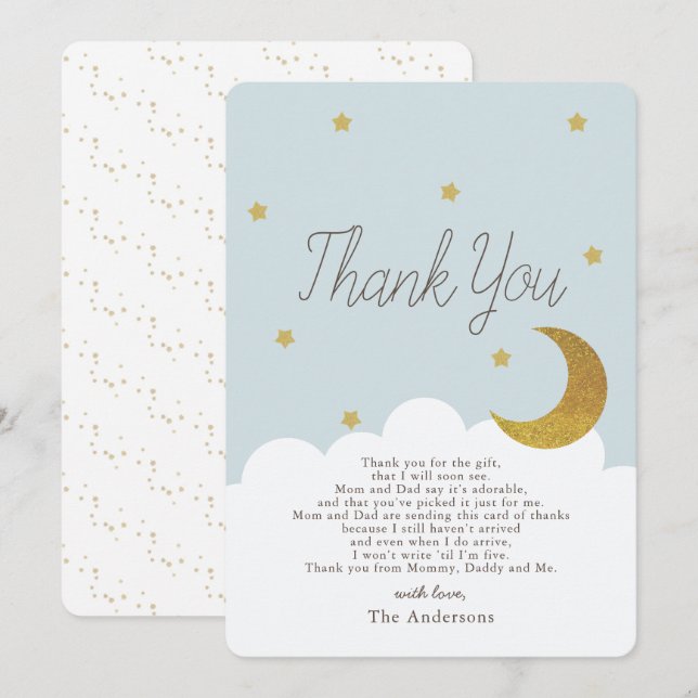 Invitation Etoiles & Crecsent Lune Bleu Baby shower Merci (Devant / Derrière)