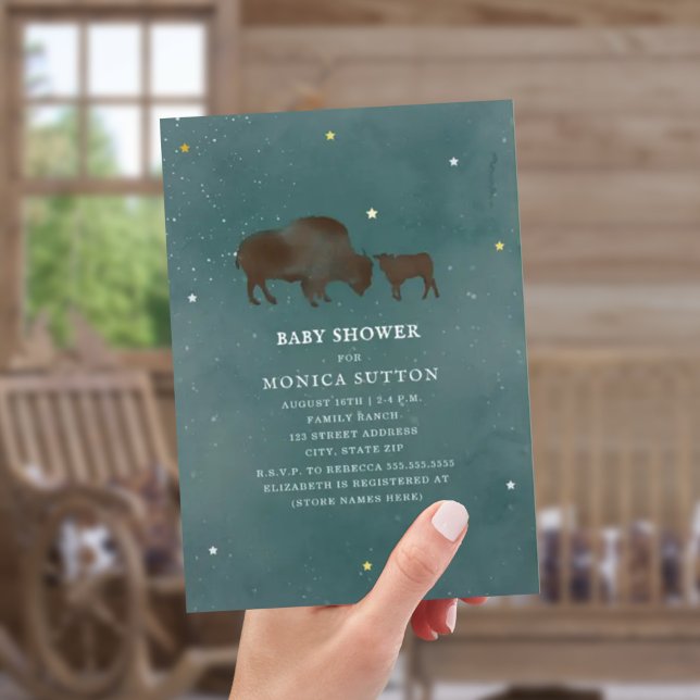 Invitation Étoiles d'aquarelle Buffalo Mama Baby shower neutr (Créateur téléchargé)