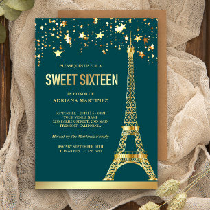 Invitation Étoiles de feuille d'or Tour Eiffel Vert Bleu Clai
