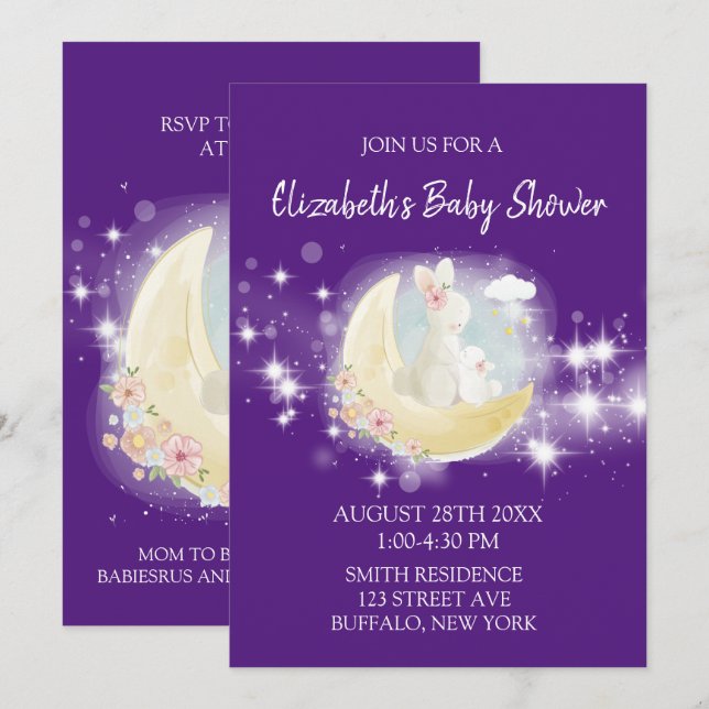 Invitation Etoiles de lapin de Pâques Lune Baby shower de fil (Devant / Derrière)