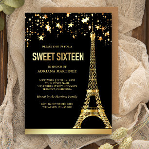 Invitation Étoiles de papier d'or Tour Eiffel Sweet Sixteen N