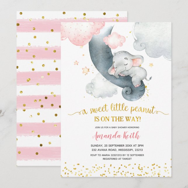 Invitation Étoiles de rêve Baby shower d'éléphant rose Invita (Devant / Derrière)