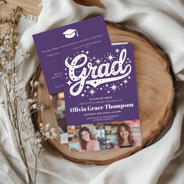 Invitation Étoiles de script violet rétro 3-Photo Graduation  (Retro Purple Script Stars 3-Photo Graduation Party Invitation)