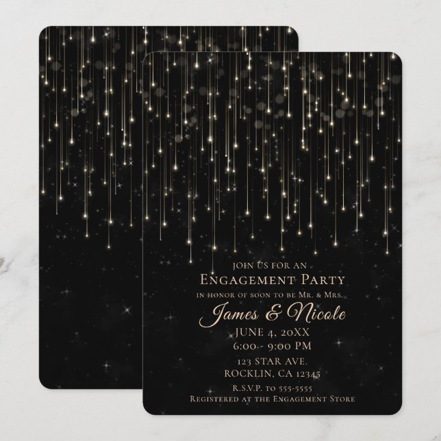 Invitation Étoiles de tir étincelantes Black Chic Engagement  (Devant / Derrière)