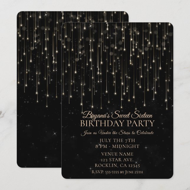 Invitation Étoiles de tir parkly Black Chic Sweet 16 (Devant / Derrière)