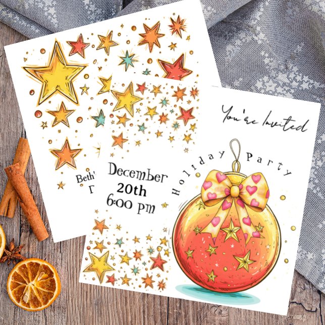 Invitation Étoiles de vacances et belle fête d'ornement (Spicey orange ornament on your Holiday Party invitation that is fully customizable )