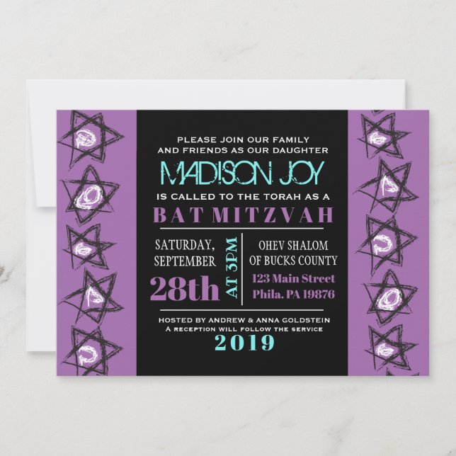 Invitation ÉTOILES DESSINÉES À LA MAIN Bat Bar Mitzvah Invita (Devant)