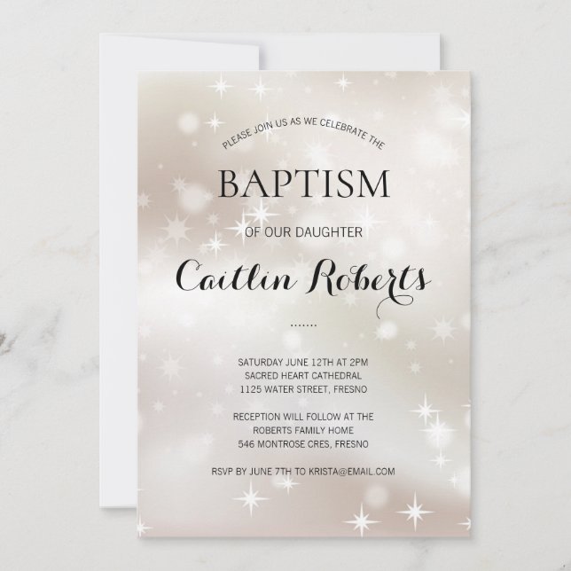 Invitation Étoiles d'or blanc céleste Baptême Christening (Devant)