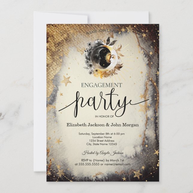 Invitation Étoiles d'or céleste Lunes Fiançailles foncé (Devant)
