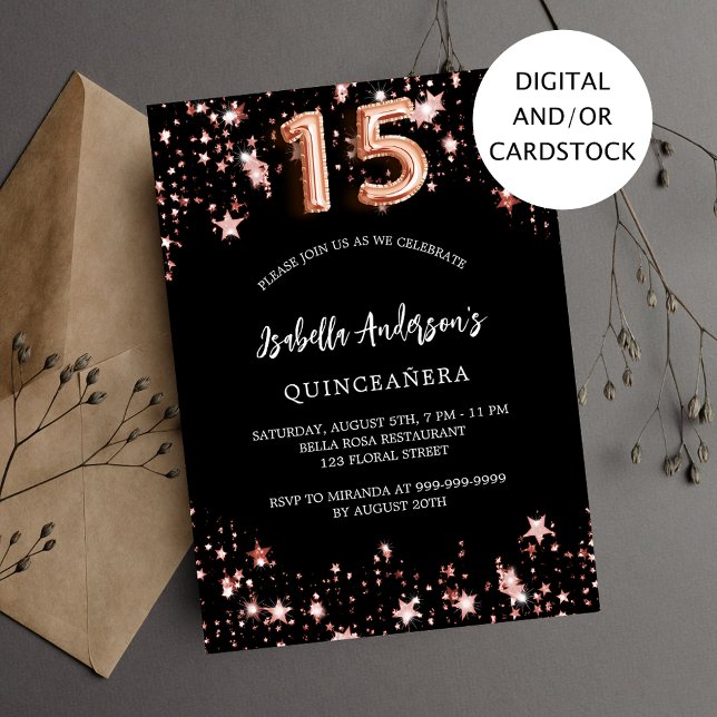 Invitation étoiles d'or rose noir de Quinceanera (Créateur téléchargé)