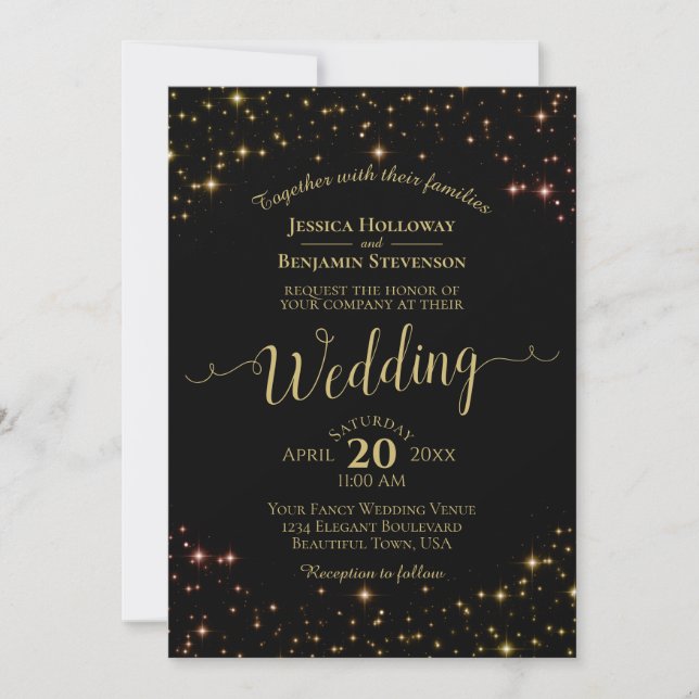 Invitation Étoiles d'or sur un mariage noir élégant (Devant)
