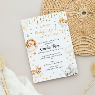 Invitation Étoiles dorées aquarelle et animaux bébé fille