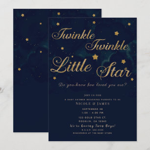 Invitation Étoiles Dorées Ciel de Nuit Sombre Bleu Baby Showe