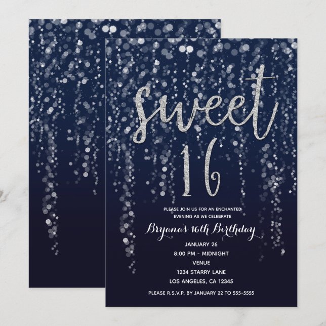 Invitation Étoiles enchantées Lumières Argent & Bleu Sweet 16 (Devant / Derrière)