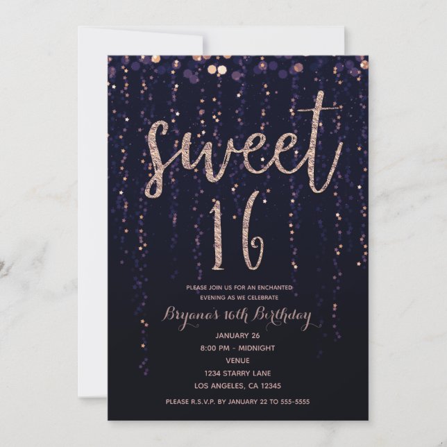 Invitation Étoiles enchantées Purple & Gold Sweet 16 Parties (Devant)