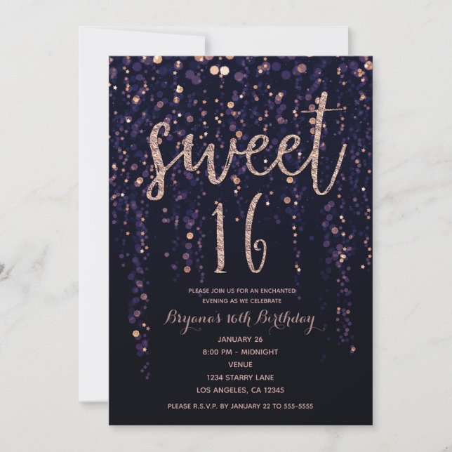 Invitation Étoiles enchantées Purple & Gold Sweet 16 Parties (Devant)
