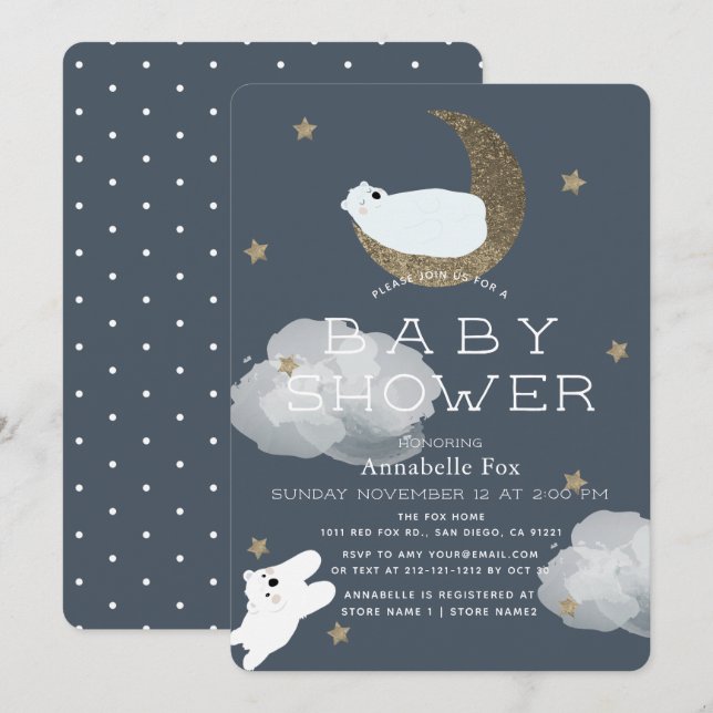 Invitation Étoiles et lune Ours polaire Baby shower de marine (Devant / Derrière)