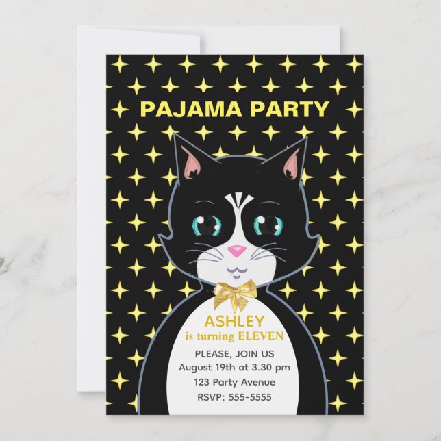 Invitation Étoiles et mignonne fête du pyjama de chat d'anniv (Devant)