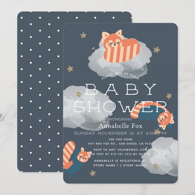 Invitation Étoiles et nuages Red Pandas Baby shower Invitatio (Devant / Derrière)