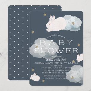 Invitation Étoiles et nuages Volant Bunny Baby shower Invitat