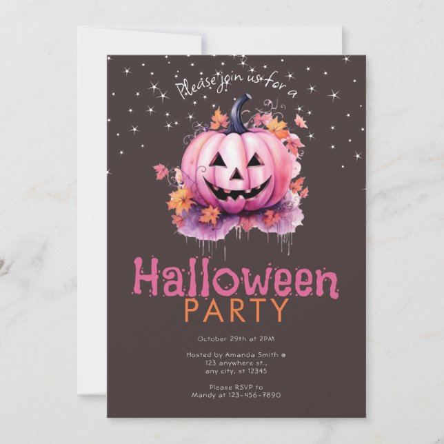 Invitation Étoiles Feuilles roses Jack-O' Fête d'Halloween (Devant)