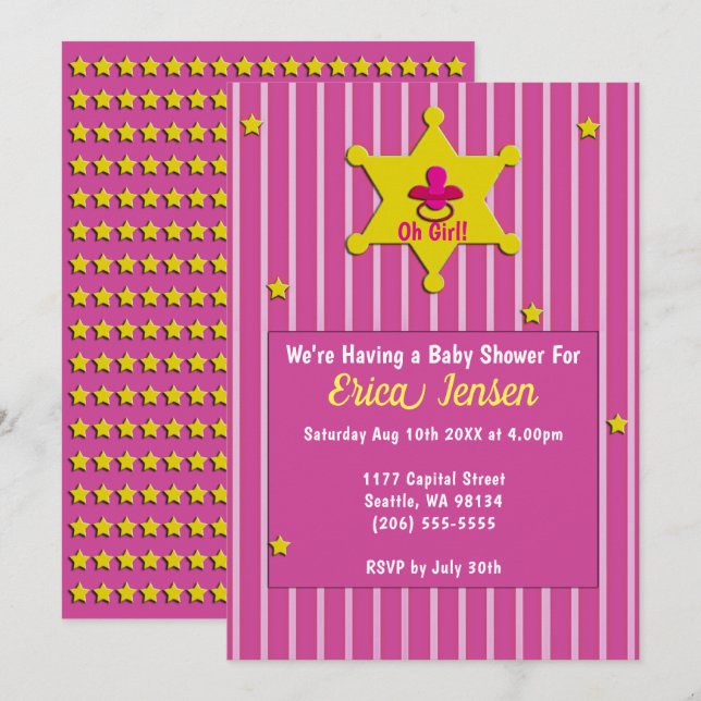 Invitation Etoiles Jaunes et Pacifier Baby Girl Douche (Devant / Derrière)