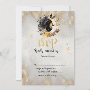 Invitation Étoiles lunaires fleurs RSVP dorées célestes