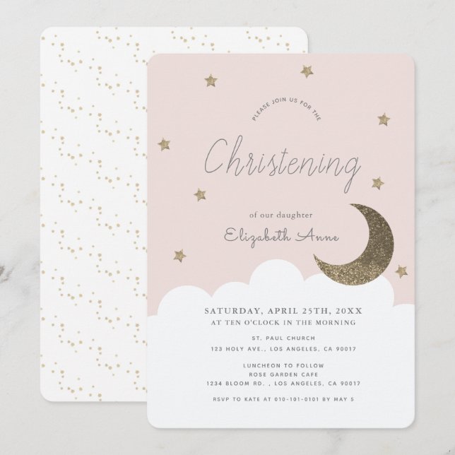 Invitation Étoiles & Lune Blush Rose fille Christening (Devant / Derrière)