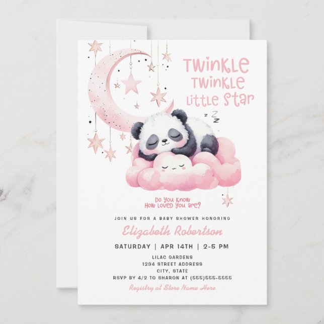 Invitation Étoiles Lune Panda rose ours Baby shower fille (Devant)