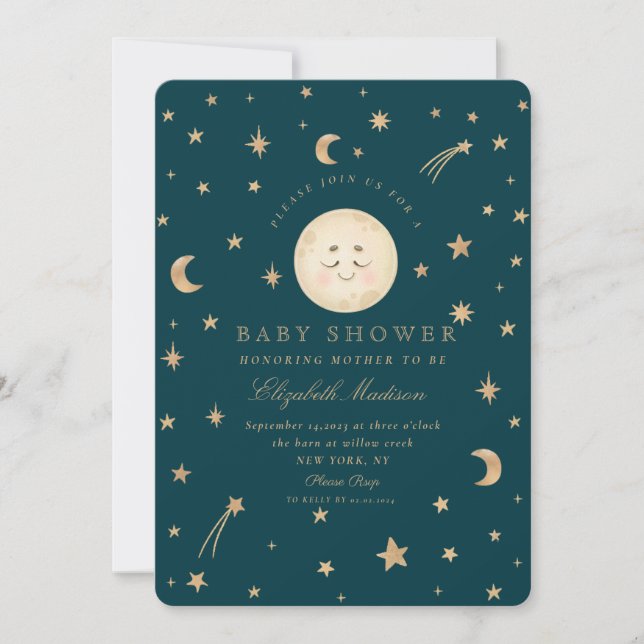 Invitation Étoiles mignonne Lune Golden Galaxy Baby shower (Devant)
