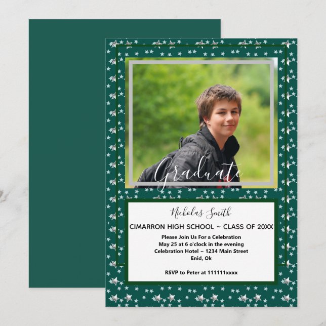 INVITATION ÉTOILES MODERNES MASCULINES VERTES | FÊTE DE DIPLÔ (Devant / Derrière)