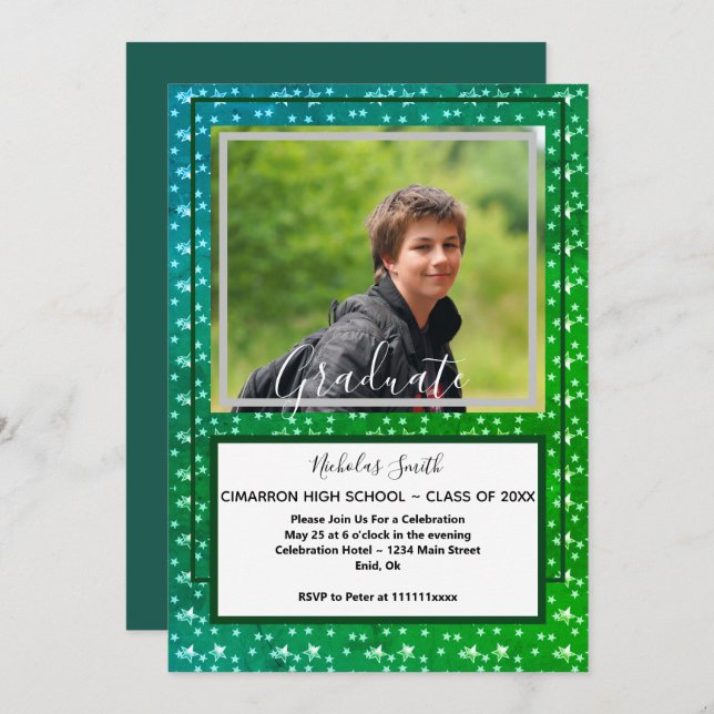 INVITATION ÉTOILES MODERNES MASCULINES VERTES | FÊTE DE DIPLÔ (Devant / Derrière)