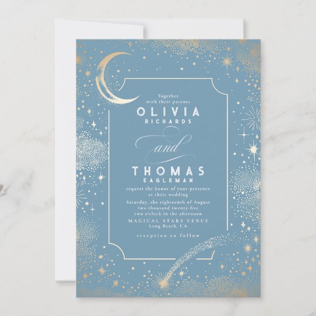Invitation Étoiles mystiques célestes Lune Dusty Mariage bleu (Devant)