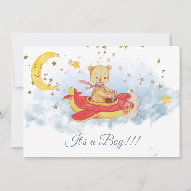 Invitation *~* Étoiles Ours En Joue Rouge Avion Bébé Garçon D (Devant)