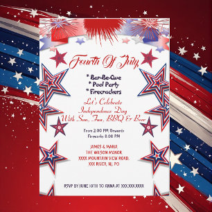 Invitation Étoiles Patriotiques Feu d'Artifice 4 Juillet BBQ