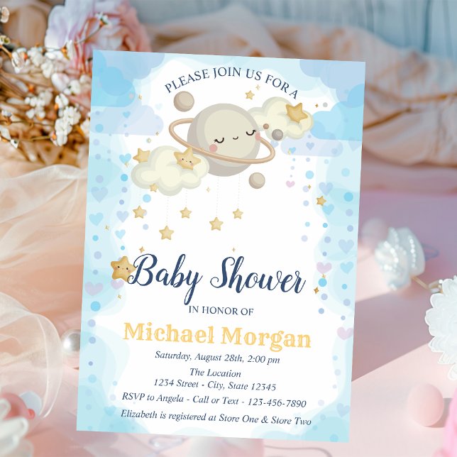 Invitation Etoiles Planète Nuages Baby shower bleu (Créateur téléchargé)