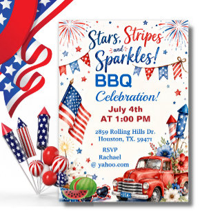 Invitation Étoiles rayures étincelles fête du 4 juillet BBQ