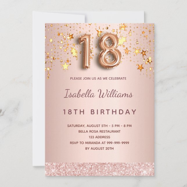 Invitation étoiles rose or rose 18e anniversaire (Devant)